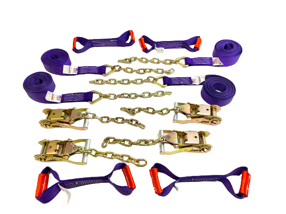 18' 8 Point Towing Tie Down Kit of DIAMOND WEAVE Rollback / Flatbed Car Tie-Downs with Chain Tails