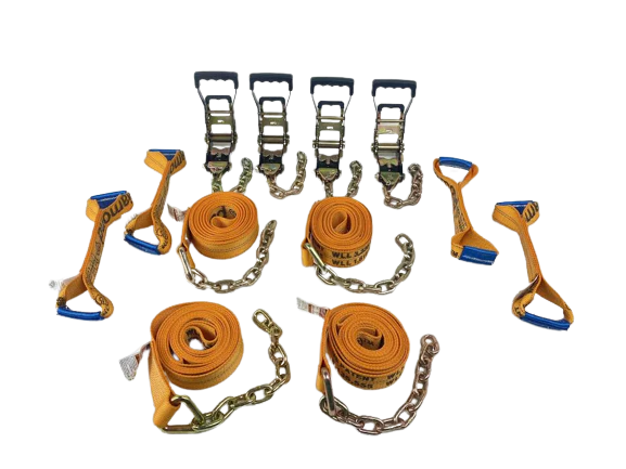 8 Point Heavy Duty KIT 14' Diamond Weave Strap Kit for Rollback/Flatbed Tie Downs with 12" Chain Tails