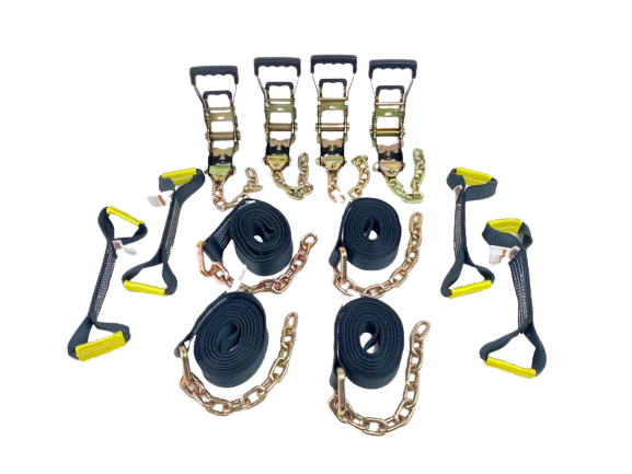 8 Point Heavy Duty KIT 14' Diamond Weave Strap Kit for Rollback/Flatbed Tie Downs with 12" Chain Tails