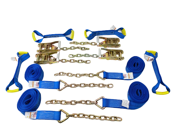 18' 8 Point Towing Tie Down Kit of DIAMOND WEAVE Rollback / Flatbed Car Tie-Downs with Chain Tails
